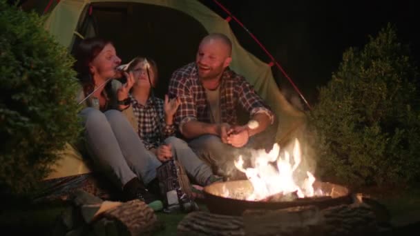 Gece Kamp Ateşinde Aile Izgarası Marshmallowları Akşamlar Kamp Ateşi Anne — Stok video