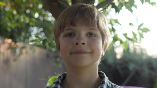 学校の少年は屋外に立っているカメラを見ている 子供の肖像画 4Kについて — ストック動画