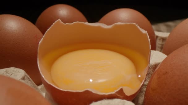 Detailní Záběr Popraskaného Vajíčka Žloutkem Mezi Celými Vejci — Stock video