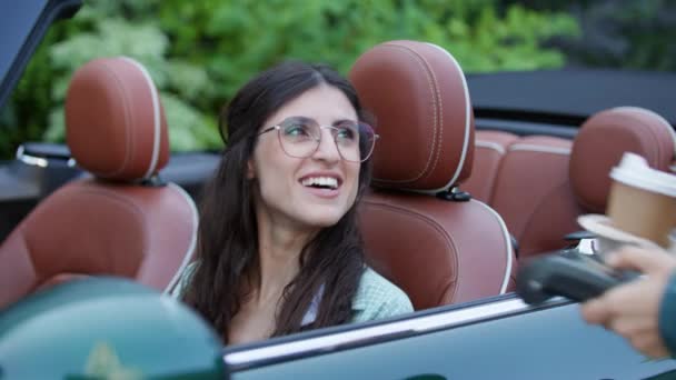 Happy Woman Receiving Coffee Car Drive Thru — Stock Video
