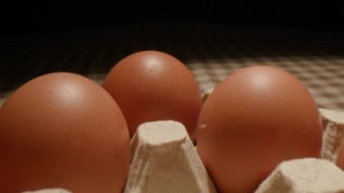 Bir el, çiğ kahverengi yumurtayı diğer kahverengi yumurtalarla dolu bir konteynıra nazikçe yerleştirir. Bu da doğal ve taze ürünleri idare etmedeki özeni gösterir.