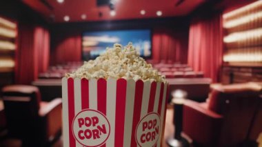 Patlamış mısır sepeti, arka planda sinema perdesi ile döner ve klasik sinema deneyimini vurgulayan dinamik ve sinematik bir atmosfer yaratır.
