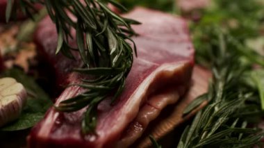 Biberiye dalının çiğ bifteğe zeytin yağı sürerken yakın plan görüntüsü ızgara ya da pişirme hazırlıklarını gösteriyor. Aşçılık, yemek tarifi ya da gurme yemeklerine odaklanan yemek içeriği için ideal