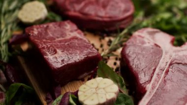 Köy ahşap bir masada sergilenen T-bone ve Osso Buco kesikleri de dahil olmak üzere farklı türde çiğ biftek. Aşçılık, yemek pişirme ya da kasaplık için mükemmel.