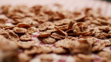 Tahta bir masada sergilenen ekmek, makarna ve pirinç gibi diğer karbonhidrat zengini gıdalarla birlikte kepekli tanelerin detaylı bir yakın çekimi. Sağlıklı beslenme, beslenme ve beslenme teması için ideal