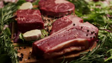 Taze yeşil otlar ve sebzelerle çevrili, tuzlanmış çiğ biftek. Barbekü, aşçılık ve gurme yemek içeriği için mükemmel.