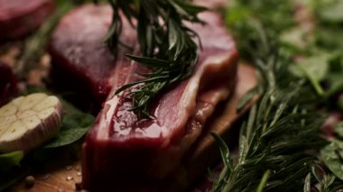 Biberiye dalının çiğ bifteğe zeytin yağı sürerken yakın plan görüntüsü ızgara ya da pişirme hazırlıklarını gösteriyor. Aşçılık, yemek tarifi ya da gurme yemeklerine odaklanan yemek içeriği için ideal