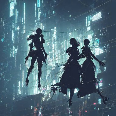 Cyber Female Entities Floating In Front Of Cyberpunk City, Illustration clipart