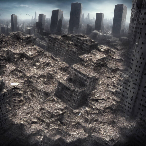 Иллюстрация современного города, разрушенного стихийным бедствием или войной