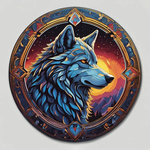 Digital Illustration Of A Gray Wolf, Round Sticker or Badge Form,