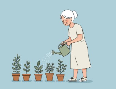 Saksıda çiçekleri sulayan yaşlı bir kadının resmi, turkuaz arka plan.