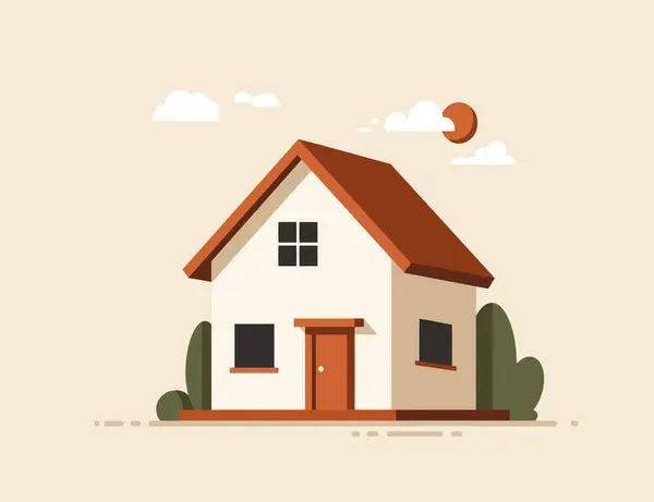 İki katlı, çalıları olan müstakil bir evin tasviri