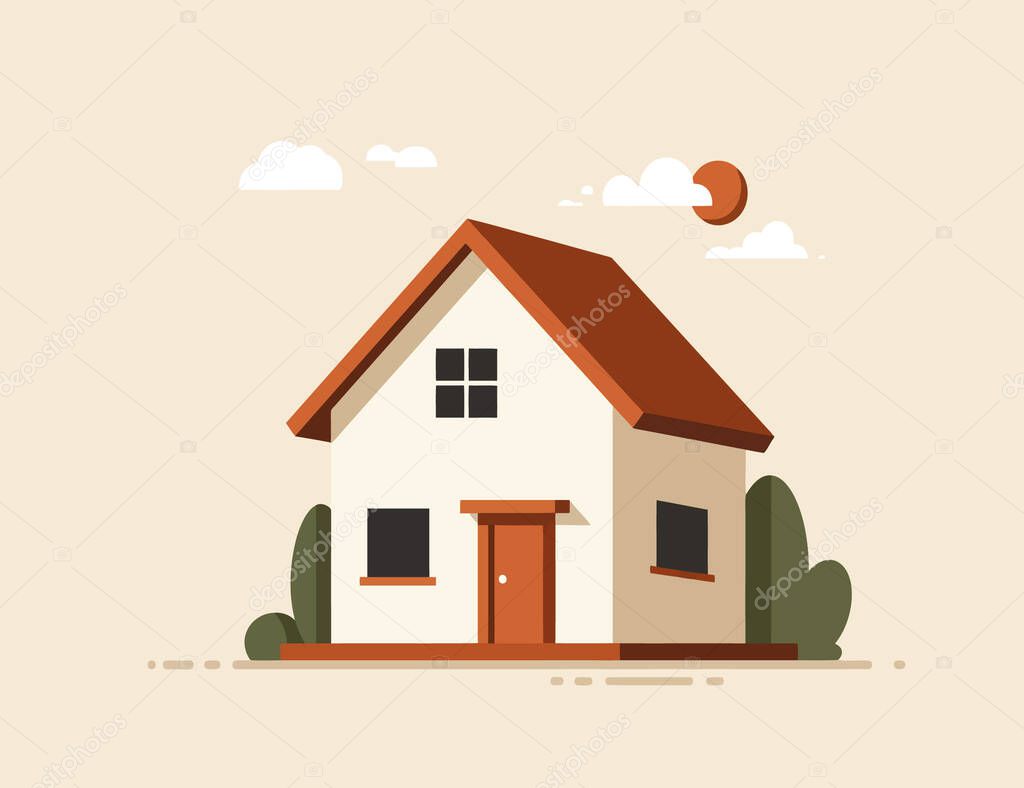 Illustration of a two-storey detached house with bushes