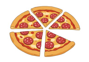 Beyaz arka planda izole edilmiş salamlı pizza dilimleri.