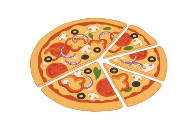 Sebzeli pizza dilimleri, beyaz arka planda izole edilmiş.