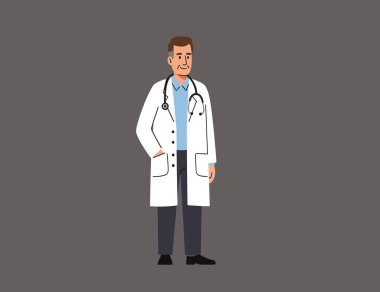 Beyaz önlüklü, gri arka planlı orta yaşlı bir erkek doktorun tam boy çizimi.