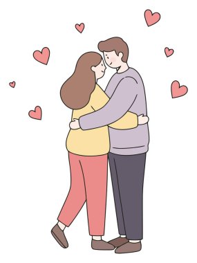 Ayakta duran ve birbirlerine sarılan bir çiftin minimalist çizimi, etrafında uçuşan küçük kalpler, beyaz arka plan.
