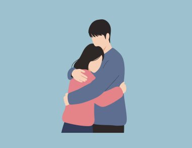 İsimsiz bir çiftin birbirine sarılışının minimalist çizimi, turkuaz arka plan.