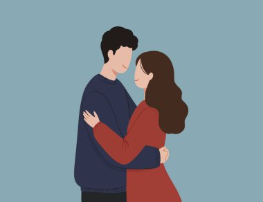 Beyaz bir çiftin birbirine sarılışının minimalist çizimi, turkuaz arka plan.