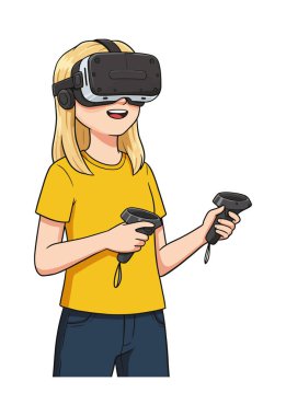 Sarışın bir kızın görüntüsü, beyaz arka planda izole edilmiş VR başlık ve kumanda kullanıyor.