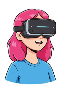 Beyaz arka planda izole edilmiş VR kulaklık kullanan pembe saçlı bir kızın resmi.