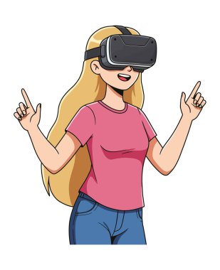  Beyaz arka planda izole edilmiş, VR kulaklık kullanan sarışın bir kızın görüntüsü.