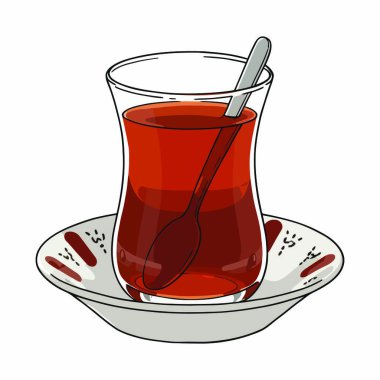 Beyaz arka planda izole edilmiş, içinde tabak ve kaşık olan bir Türk çayı tasviri