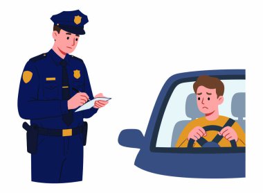 Bir polis memurunun, beyaz arka planda izole edilmiş bir arabada sürücüye ceza yazması.