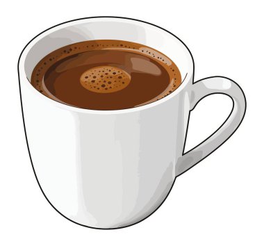 Beyaz arka planda izole edilmiş kahve dolu beyaz bir fincanın tasviri.