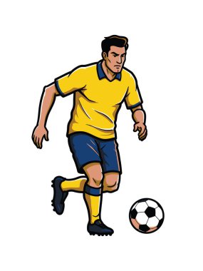 Topla koşan, mavi ve sarı üniformalı, beyaz arka planda soyutlanmış bir futbolcunun resmi.