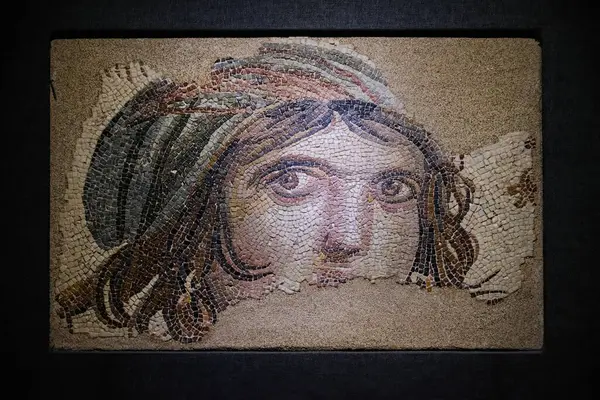 Gaziantep, Türkiye, 19 Mayıs 2025: Zeugma Mozaik Müzesi 'nde sergilenen Çingene Kız Mozaiği, Gaziantep' in Nizip ilçesinin 10 kilometre doğusunda yer alan Zeugma antik kentinde bulundu.