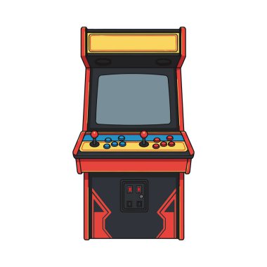 Illustration of a vintage arcade cabinet with red, black and yellow colours, isolated on white background