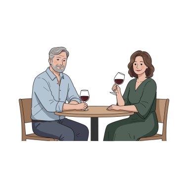 Kırmızı şaraptan hoşlanan orta yaşlı bir çiftin beyaz arka planda izole edilmiş bir şekilde oturması.