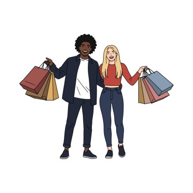 Alışveriş torbalarıyla alışveriş yapan çok ırklı genç bir çiftin minimalist çizimi, beyaz arka planda izole edilmiş, tüm vücut.