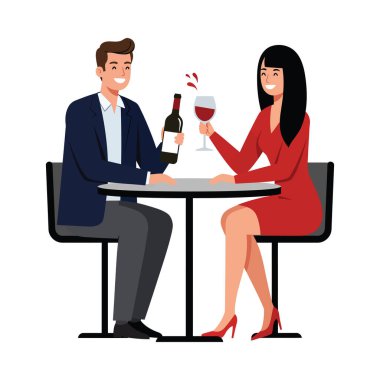 Masanın etrafında oturan, beyaz arka planda izole edilmiş kırmızı şarabın tadını çıkaran genç bir çiftin tüm vücut çizimleri.