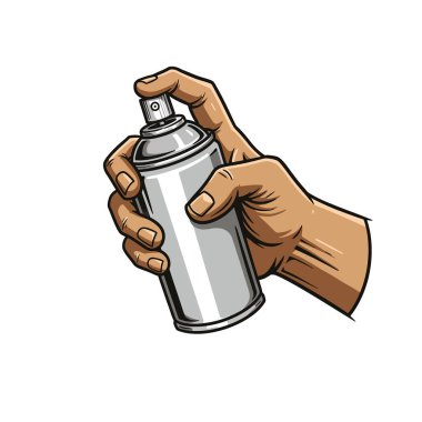 Beyaz arka planda izole edilmiş gri sprey boya kutusunu tutan bir el tasviri