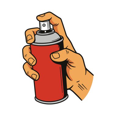 Beyaz arka planda izole edilmiş kırmızı renkli sprey bir el resmi.