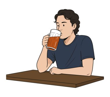 Siyah saçlı, tişört giyen, beyaz arka planda izole bir şekilde bardaktan bira içen genç bir erkek.