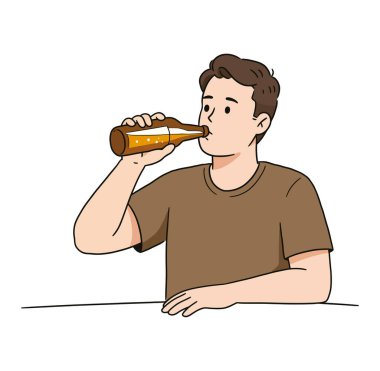 Şişeden bira içen genç bir erkek resmi, beyaz arka planda izole edilmiş.