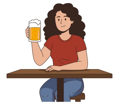 Genç bir kadının, beyaz arka planda izole bir şekilde bira masasında eğlendiği görüntüsü.