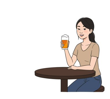 Asyalı bir kadının bira içerken beyaz arka planda izole bir şekilde bir bar masasında oturması.