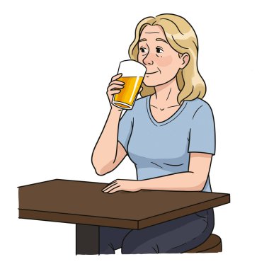 Beyaz arka planda soyutlanmış, bira içen orta yaşlı sarışın bir kadının resmi.