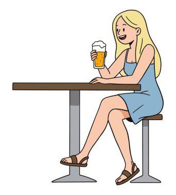 Mavi elbiseli sarışın bir kadının beyaz arka planda izole edilmiş bir şekilde bir bar masasında bira içip eğlendiğini hayal etmek.