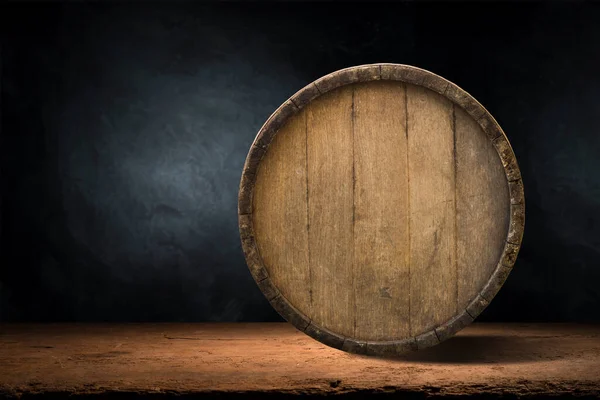 Beautiful Wooden Barrel Worn Oak Wood Table Set Dark Wall — Stock Photo, Image