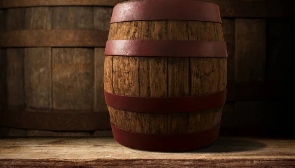 Utmärkta Röda Vinflaskor Vinäger Fat Och Korkskruv Ett Rustikt Träbord — Stockfoto