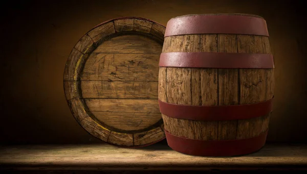 Hervorragende Rotweinflaschen Weinglas Fass Und Korkenzieher Auf Einem Rustikalen Holztisch — Stockfoto