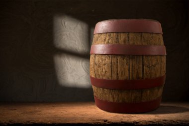 Bir kupa bira, buğday kulağı, bira fıçısı ve ahşap bir arka planda. Yüksek kalite fotoğraf