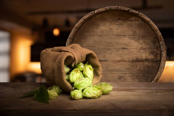 Mug Beer Wheat Ears Green Hops Beer Barrel Wooden Background — Stock Photo, Image