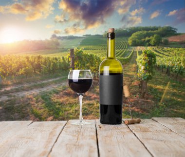 Barrel Wineglasses Cheese And Bottle In Vineyard At Sunset . High quality photo