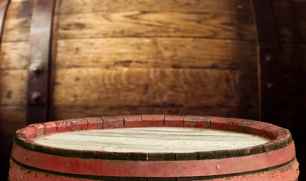 Old Oak Barrel Wooden Table Blurred Dark Background High Quality — Stock Photo, Image